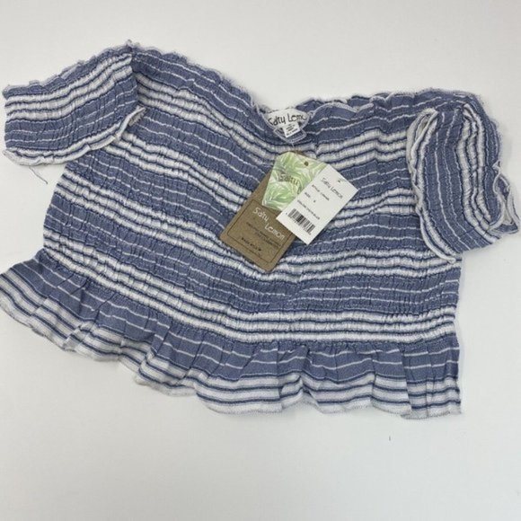 Salty‎ Lemon Womens Top Vista Blue Striped Off Shoulder Crop Top Size S - Picture 1 of 4
